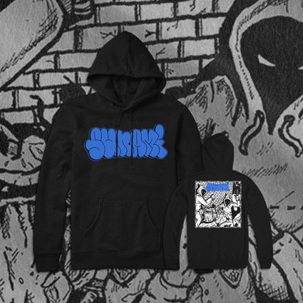 a black hoodie with blue writing on it