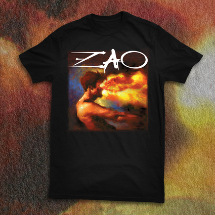 a black shirt with a picture of a man and a fire