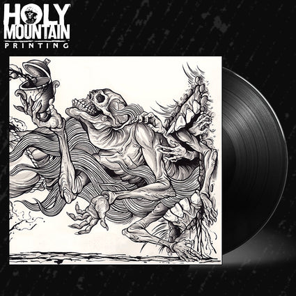 a black vinyl record with a drawing of a skeleton on it